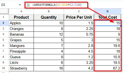 Inserting ARRAYFORMULA Function to Multiply Entire Columns at Once
