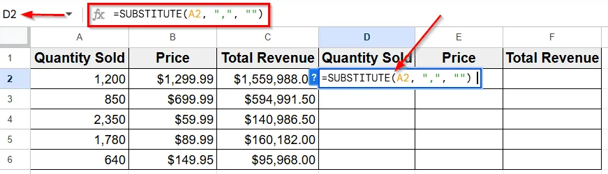 Remove Commas Using the SUBSTITUTE Function