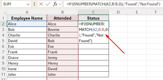 Check If a Value Exists in Another Column Using MATCH Function