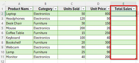 Add a Column by Typing in the Next Blank Cell