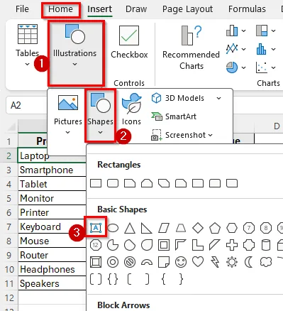 Using the Shapes Tool to Insert Text Box in Excel