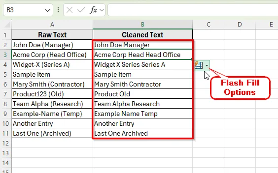 Using Flash Fill to Remove Parentheses in Excel