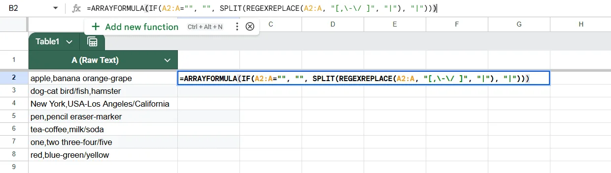 REGEX and ARRAYFORMULA Functions to Split Text in Bulk in Google Sheets