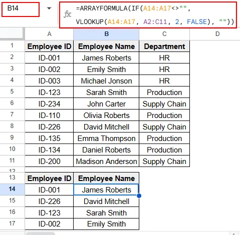 Applying the VLOOKUP Function with ARRAYFORMULA