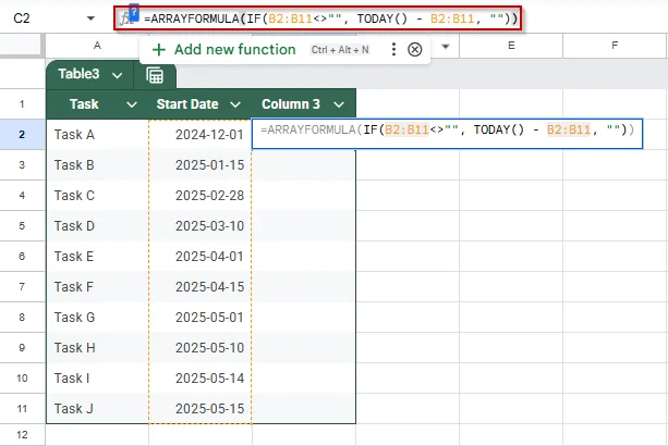 Count Days Since Each Date Using the ARRAYFORMULA Function in Google Sheets