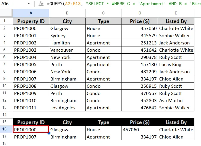 Using the QUERY Function with Multiple Conditions