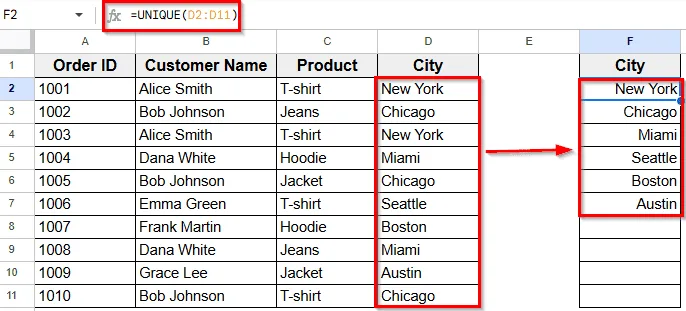 Applying Filter to Show Unique City Names