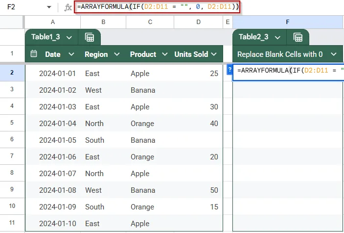 Convert Blank Cells to Zero with ARRAYFORMULA and IF
