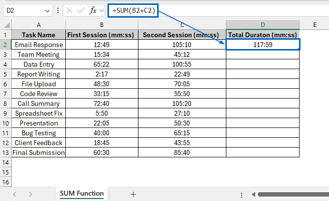 Add Times Using the SUM Function