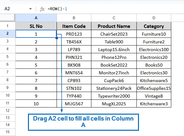 Add Serial Number Using the ROW Function