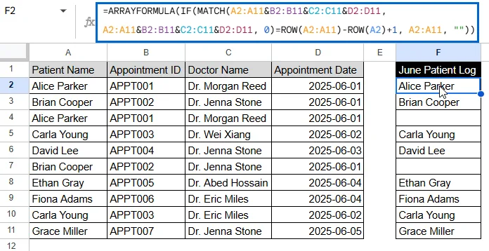 Display Only the First Instances using ARRAYFORMULA and MATCH
