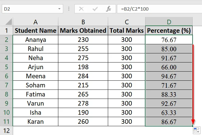 Applying Basic Percentage Formula for Marksheet in Excel