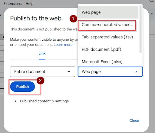 Publish to the Web as CSV
