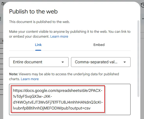 Publish to the Web as CSV