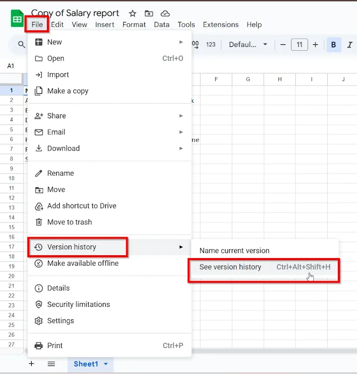clicking file and version history option
