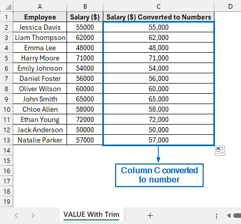 Use the VALUE and TRIM Functions to Convert Entire Column to Number