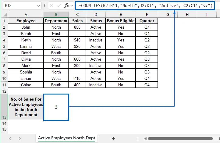 Count Non-Blank Cells with Three Conditions Using COUNTIFS