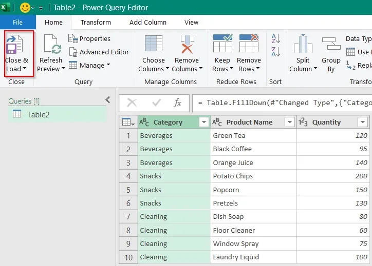 Applying Power Query Fill Down Method