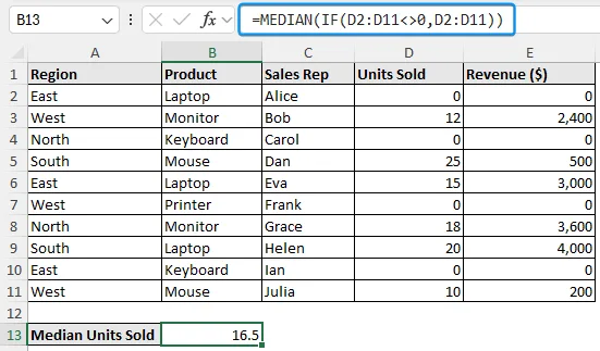 excel median if not zero using MEDIAN and IF functions