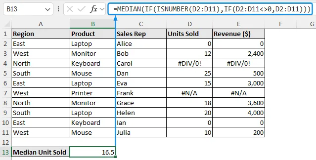 excel median if excluding zeros and errors