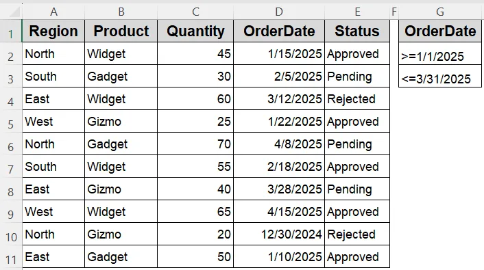 Filter Data Within an Interval Using AdvancedFilter