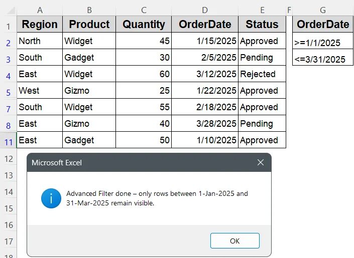 Filter Data Within an Interval Using AdvancedFilter