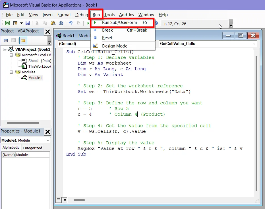 Use Cells(Row, Column) Function to Get Specific Cell Value