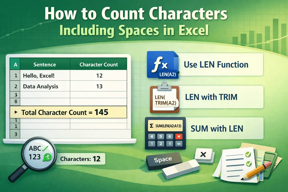 How to Count Characters Including Spaces in Excel
