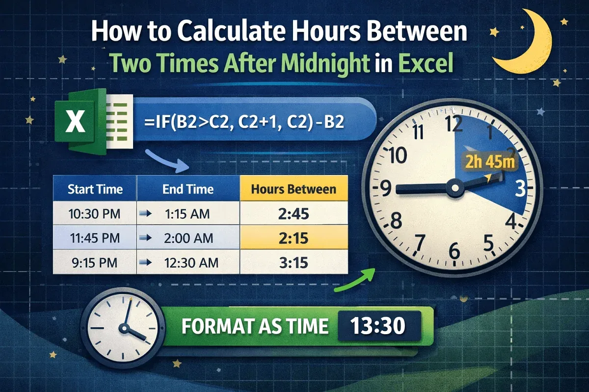How to Calculate Hours Between Two Times after Midnight in Excel