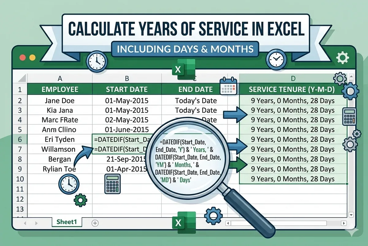 Calculate Years of Service In Excel (Including Days & Months)