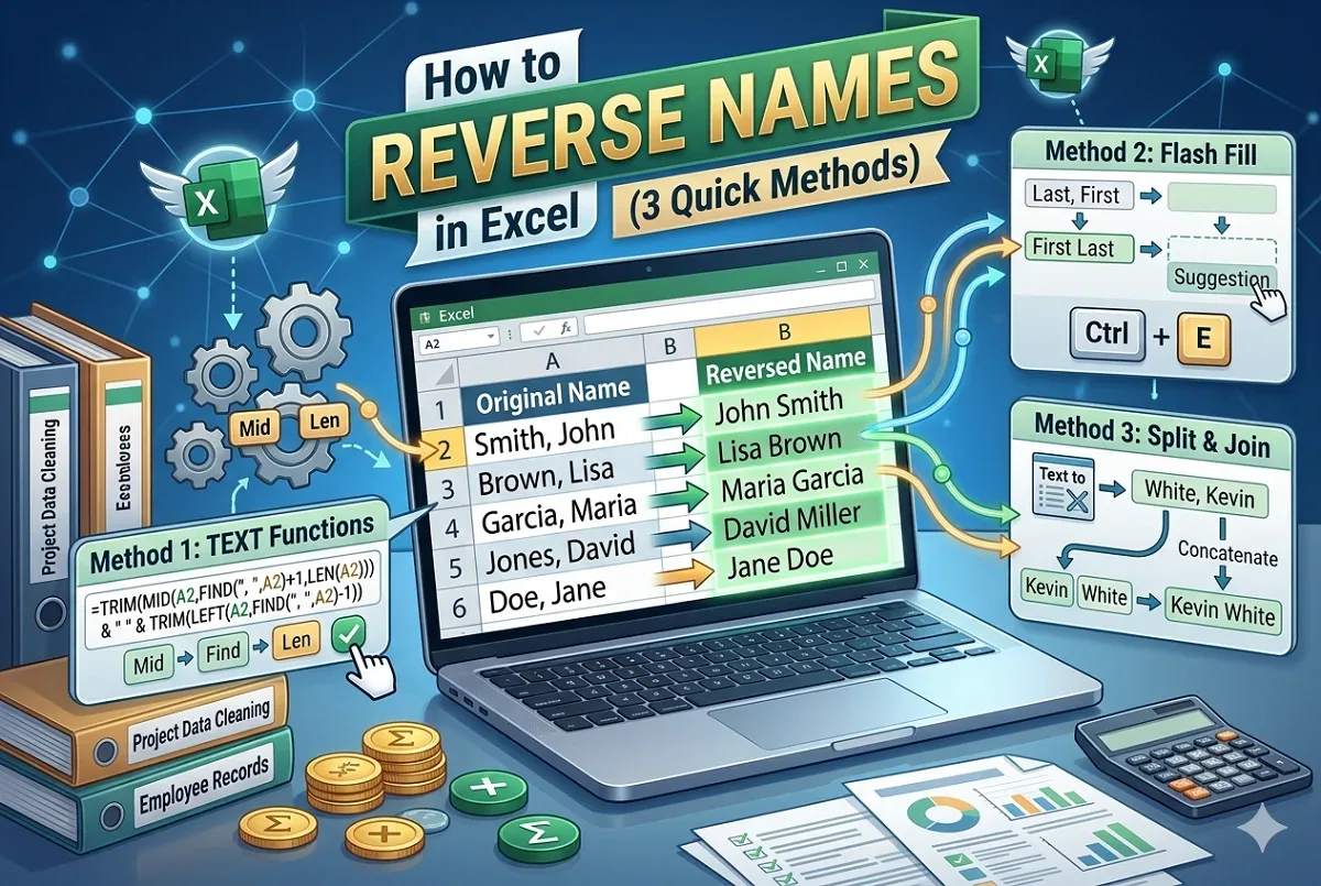 How to Reverse Names in Excel (3 Quick Methods)
