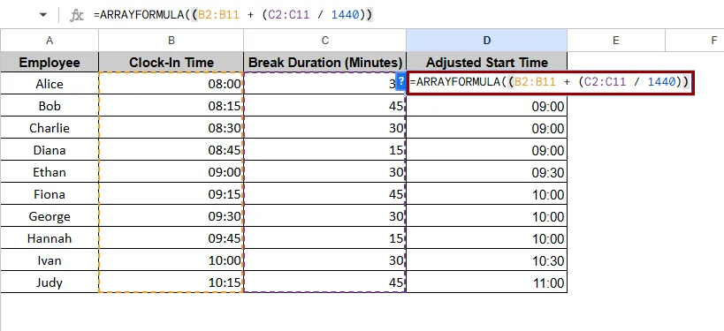 Using ArrayFormulas for Bulk Time Addition