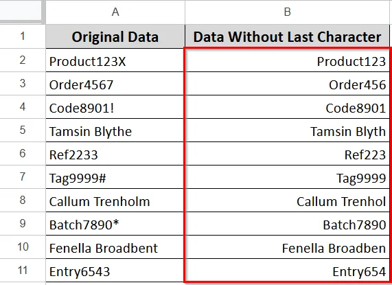 Removing the Last Character From Google Sheets Using the ARRAYFORMULA Function