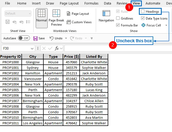 Hide Row and Column Headings Using the View Tab Option