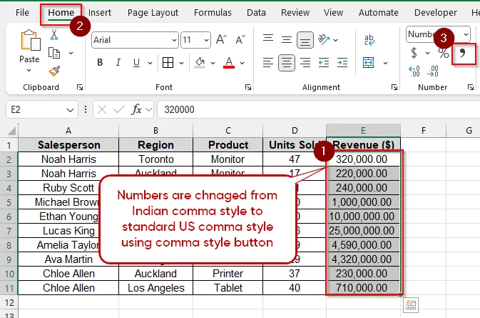 Using the Comma Style Button from the Home Tab