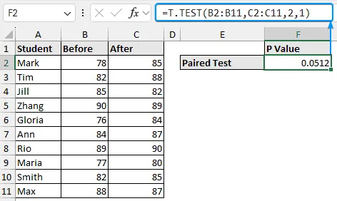 Paired t test with T.TEST function