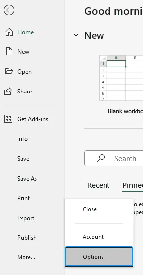 Excel options