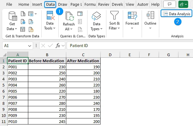 Data Analysis option in the Data tab