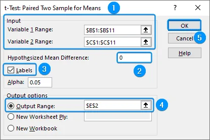Selecting input options for paired t test