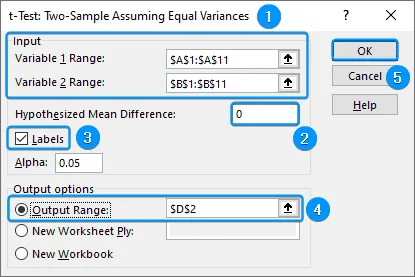 Entering input options for t-test