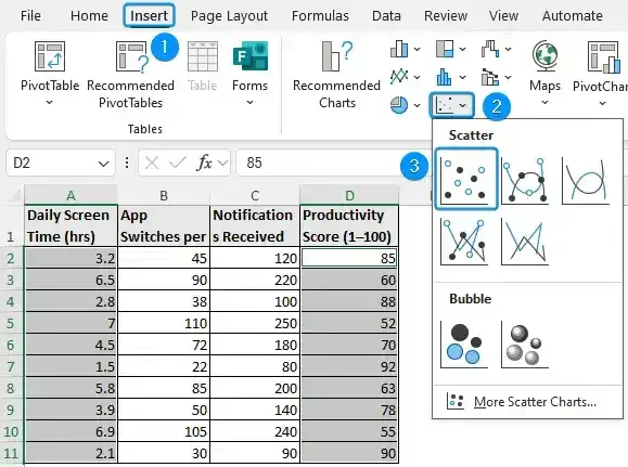 Choosing scatter chart in the Insert tab
