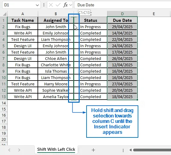 Use Shift with Left Click to Swap Entire Columns