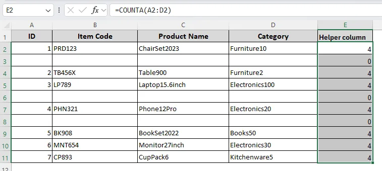 Applying the COUNTA Function and a Filter