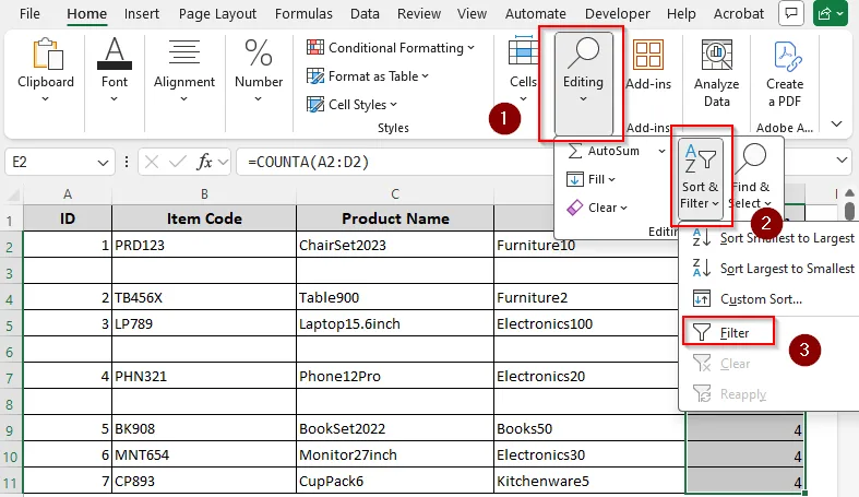 Applying the COUNTA Function and a Filter