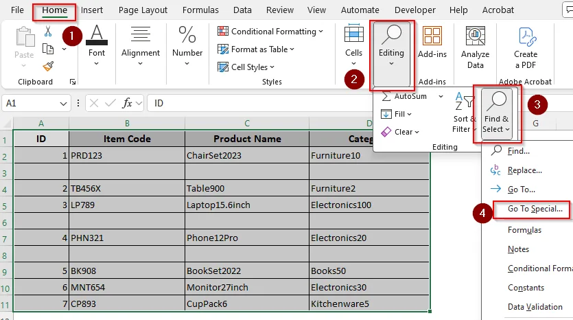Deleting Empty Rows with the Find & Select Tool