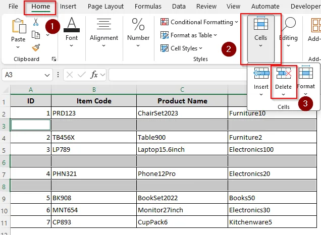 Deleting Empty Rows with the Find & Select Tool