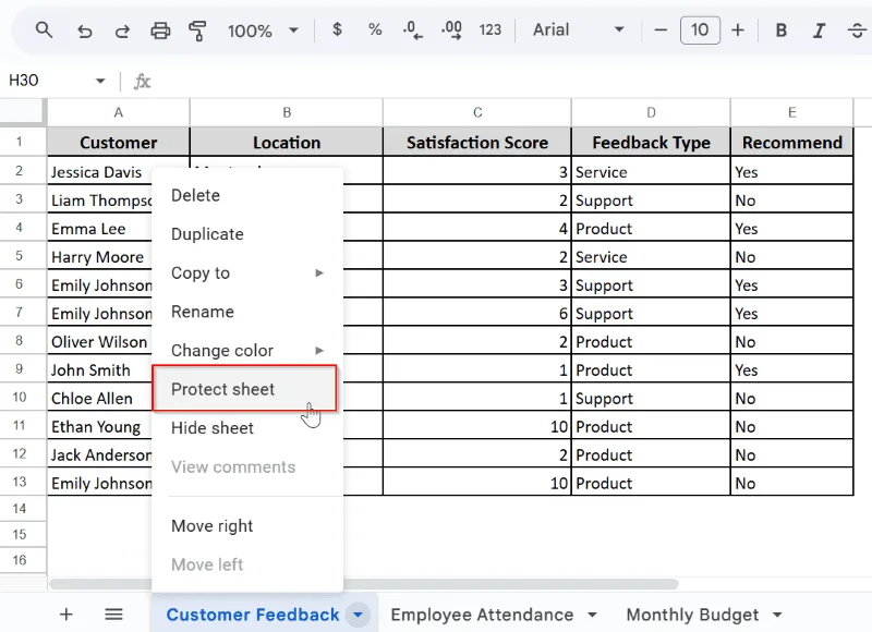 Use the Protect Sheet Feature