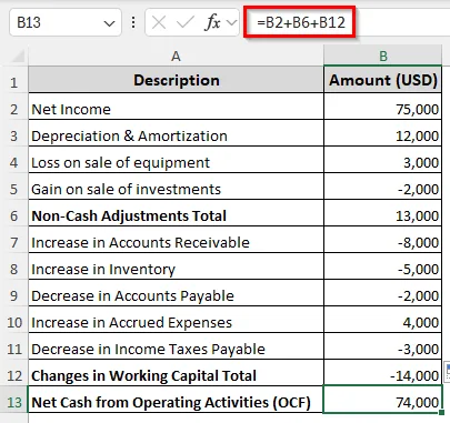 Indirect Method of Calculating Operating Cash Flow in Excel
