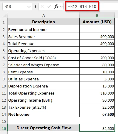 Computing Direct Operating Cash Flow by Formula in Excel