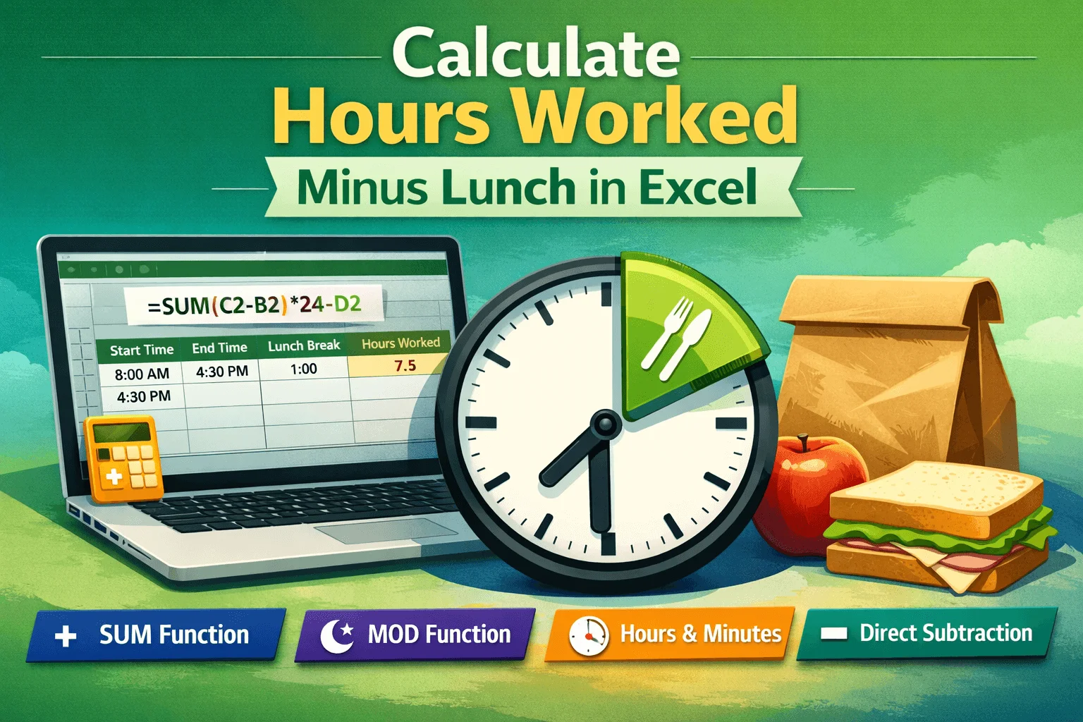 Excel Formula to Calculate Hours Worked Minus Lunch